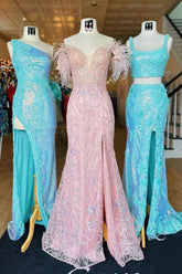 Elegant Pink Off-the-Shoulder Mermaid Prom Dress with Feather Corset