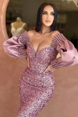 Off-The-Shoulder Sweetheart Long Sleeves Evening Dress With Sequins Mermaid