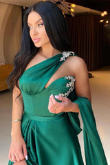 Dark Green Split One-Shoulder Evening Dress Mermaid With Beadings