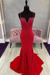 Red Long Prom Dress with Mermaid Spaghetti Straps and Beading