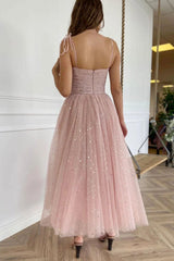 Blush Tea-Length Prom Dress with Spaghetti Straps in A-Line Silhouette