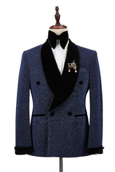 Luxury Sparkle Dark Navy Black Shawl Lapel Double-Breasted Wedding Suits