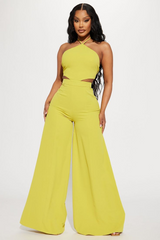 Fashion Light Yellow Halter Strapless Wide-Leg Jump Suit