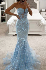 Elegant Blue Mermaid Sweetheart Corset Prom Dress Featuring Embroidery