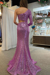 Purple Sequined Prom Dress with Mermaid Cut and One Shoulder