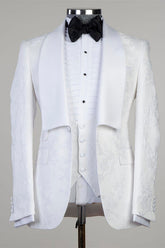 Dennis White Jacquard Shawl Lapel Three-Piece Men's Suits for Wedding