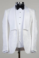 Dennis White Jacquard Shawl Lapel Three-Piece Men's Suits for Wedding