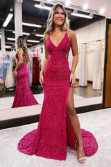 Fuchsia Sequined Long Prom Dress with Mermaid V Neck and Open Back