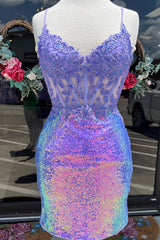 Sparkly Purple Corset Tight Short Homecoming Dress/Mini Dress with Lace