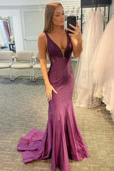 Purple Mermaid Prom Dress with Beaded V-neck
