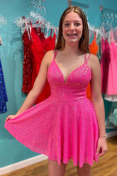 Sparkly Hot Pink Open Back Sequins A-Line Short Homecoming Dress/Mini Dress