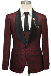 Unique Burgundy Shawl Lapel Jacquard One-Button Wedding Tuxedo