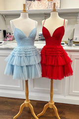 Sparkly Light Blue A-Line Tulle Tiered Short Homecoming Dress/Mini Dress