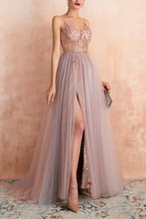 Long Pink Prom Dress with Spaghetti Straps and Slit