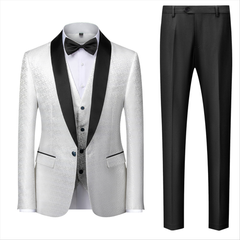 Popular Black and White Shawl Lapel Wedding Suit with Floral Jacquard