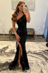 Black Sequined Long Prom Dress with Front Split and One Shoulder Sheath