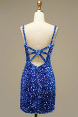 Sparkly Royal Blue V-Neck Open Back Sequins Tight Short Homecoming Dress/Mini Dress