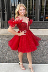 Sparkly Red Corset A-Line Short Homecoming Dress/Mini Dress with Feathers