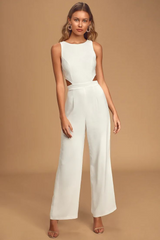 Distinctive White Crew-Neck Wide-Leg Daily Women's Jump Suit