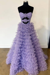 Elegant Sweetheart Purple Tulle A-Line Long Prom Dress Featuring a Keyhole