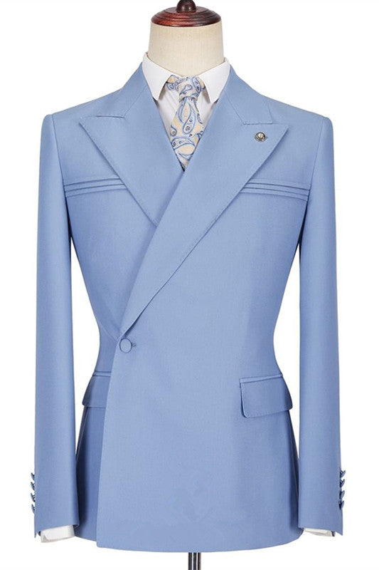 Glamorous Blue Casual Prom Suit Peaked Lapel with Ruffles for Guys
