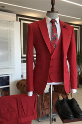 Newest Red Peaked Lapel Suit for Men Wedding with Three Pieces