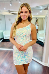 White Open Back One Shoulder Sequins Tight Short Homecoming Dress/Mini Dress