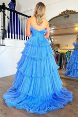 Elegant Blue Strapless A-Line Prom Gown with Ruffled Details