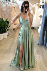 Light green long A-line prom dress with spaghetti straps and slit