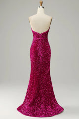 Strapless Sequin Prom Dress in Hot Pink Featuring a Slit