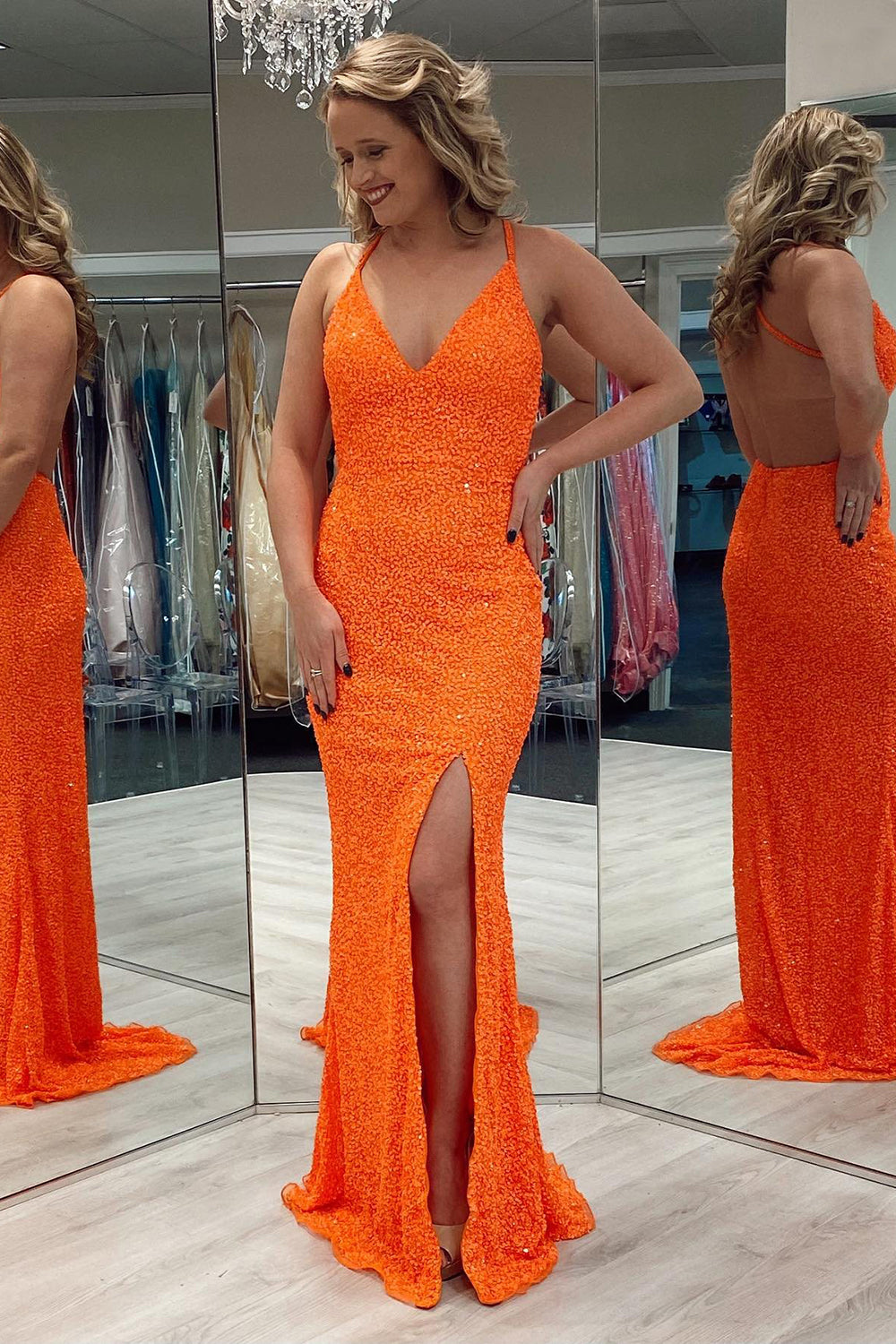 Backless Prom Dress with Orange Sequins and Slit