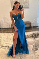 Sweetheart Long Corset Prom Dress in Navy with Mermaid Slit