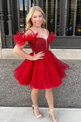 Glitter Red A-Line Sequins Tulle Short Homecoming Dress/Mini Dress with Feathers