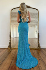 Blue Sequined Long Prom Dress with One Shoulder and Front Split in Mermaid Style