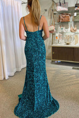 Long Peacock Blue Prom Dress with Mermaid Spaghetti Straps and Front Split Sequins