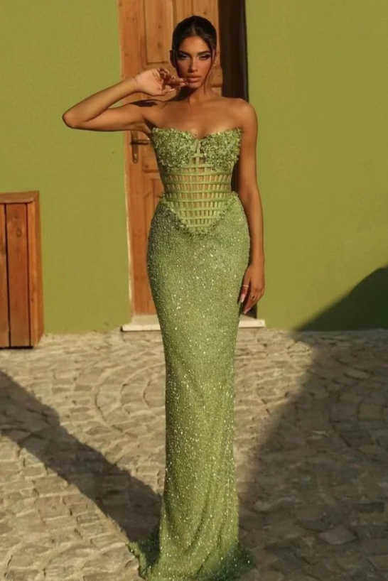 Sleeveless Strapless Long Mermaid Formal Dress With Sequin Pleated