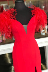 Long Red Prom Dress with Mermaid V Neck and Feathers