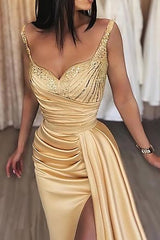 Champagne Long Prom Dress with Sweetheart Neckline and Mermaid Split Front