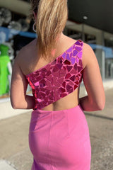 Pink Mermaid Prom Dress with One Shoulder and Front Cut Out Split