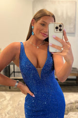 Royal Blue Beaded Long Prom Dress with Mermaid Deep V Neckline