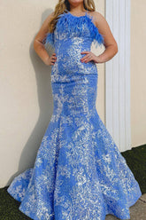 Elegant Strapless Blue Prom Dress with Mermaid Silhouette and Feather Accents