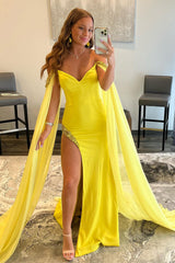 Yellow Long Prom Dress with Off-the-Shoulder A-Line and Slit