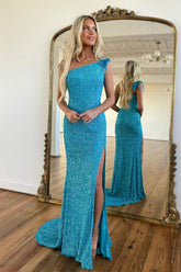 Blue Sequined Long Prom Dress with One Shoulder and Front Split in Mermaid Style