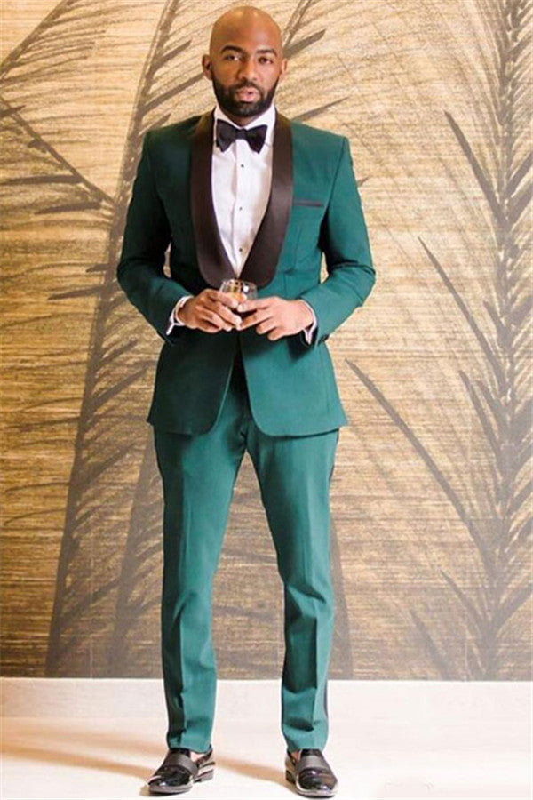 Fashion Dark Green One-Button Anthony Summer Wedding Suits for Groom with Black Shawl Lapel