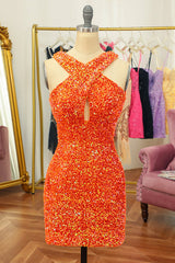 Glitter Orange Halter Backless Sequins Tight Homecoming Dress/Mini Dress