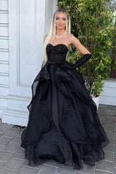 Black Long Prom Dress with Beading in a Princess A-Line Sweetheart Style