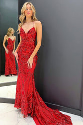 Red Sequined Mermaid Prom Dress with Spaghetti Straps and Sweep Train
