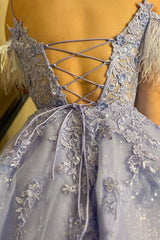 Sparkly Lavender Corset A-Line Lace Short Homecoming Dress/Mini Dress With Feathered Detachable Sleeves