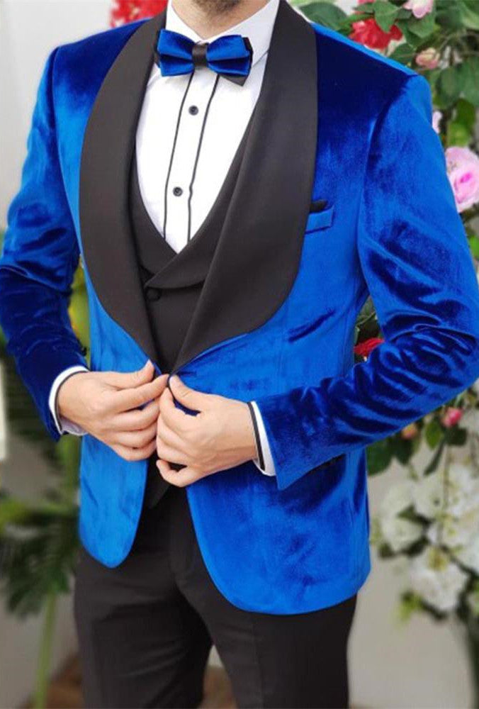 Classic Formal Royal Blue Velvet Smoking Party Prom Suits in Three Pieces