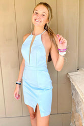 Simple Light Blue Satin Tight Short Homecoming Dress/Mini Dress